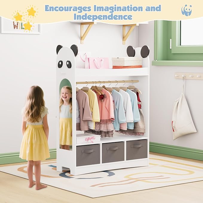 Kids Dress Up Storage Rack Mirror Wood Child Wardrobe 2 Hooks 2 Fabric Bins Toddler Closet Girls Boys Open Hanging Armoire Storage Shelf Coat Costume Hat Shoe (White/Panda/Three Drawers)