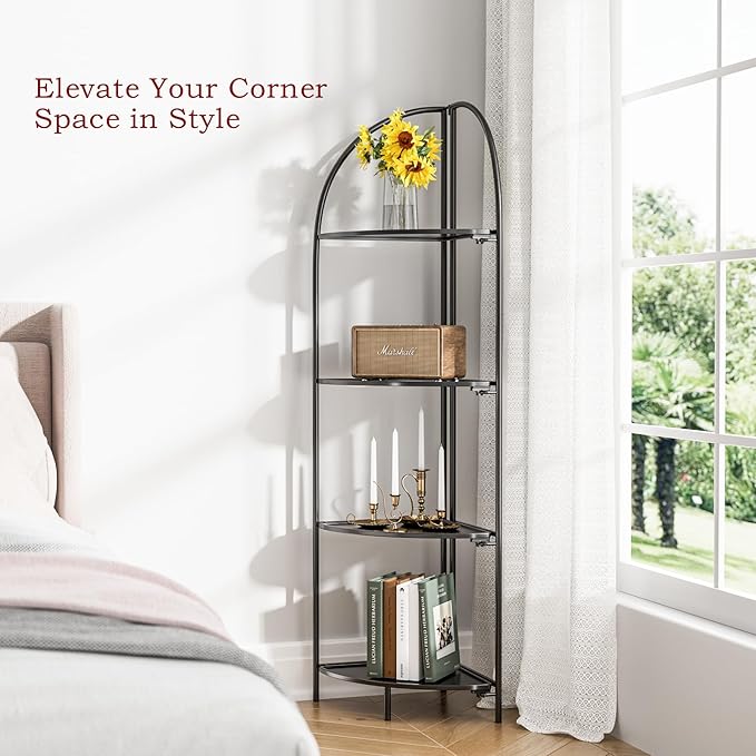 Crofy Foldable 4 Tier Corner Shelf, Metal Corner Plant Stand with Black Frame and Black Shelves, Corner Display Rack Multipurpose Shelving Unit for Living Room, Bedroom, Bathroom