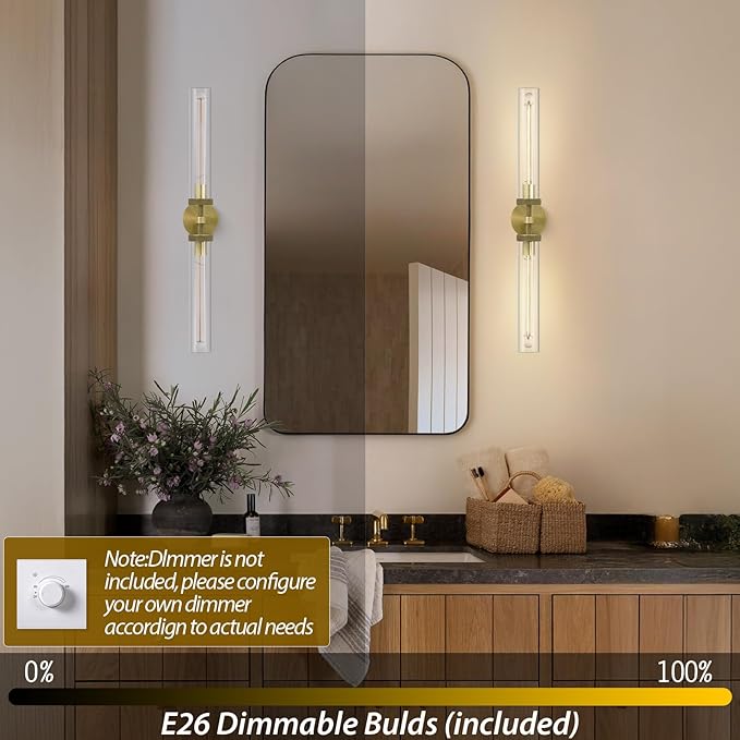 Brass Gold 2-Light Knurled Wall Sconces, 30in Double Glass Sconces Wall Lighting