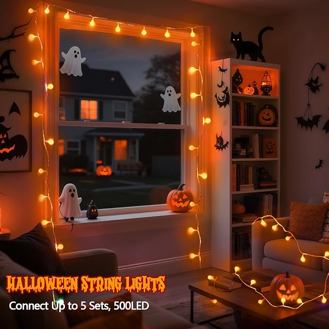 Connectable Orange Halloween Lights Outdoor Indoor - 43FT 100LED Globe String