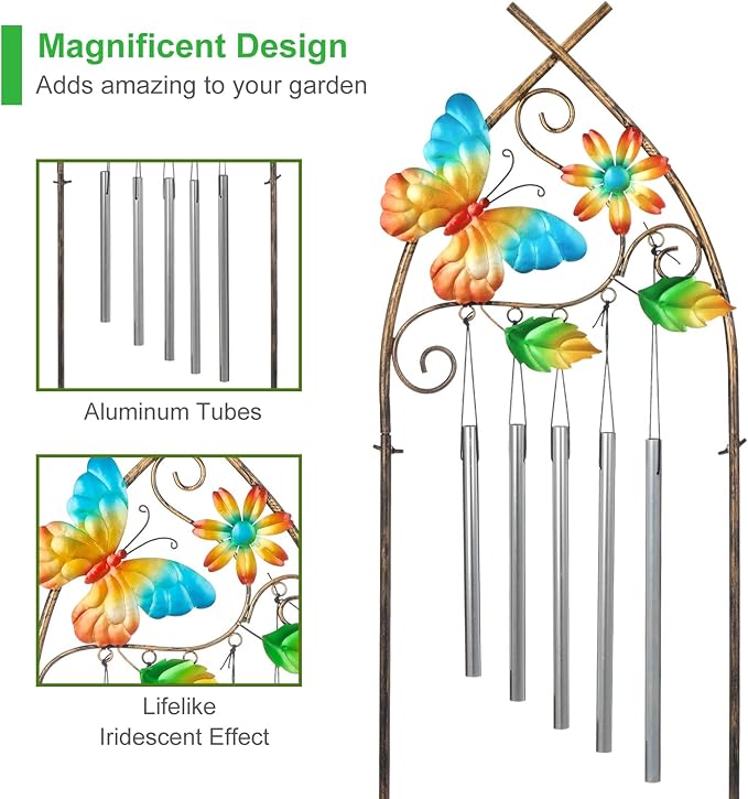 Plant Stands with Garden Trellis, 48” Metal Standing Wind Chimes Plant Pot Trellis with Butterfly for Garden Patio Backyard Climbing Plants Outdoor Decor