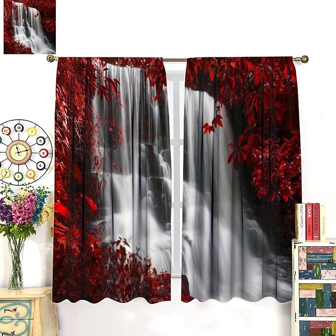 Red Forest Waterfall Blackout Windows Curtains, Waterfall Red Forest Black and Red Natural Landscape Print Window, for Living Room Bedroom 42x45in 2 Panels