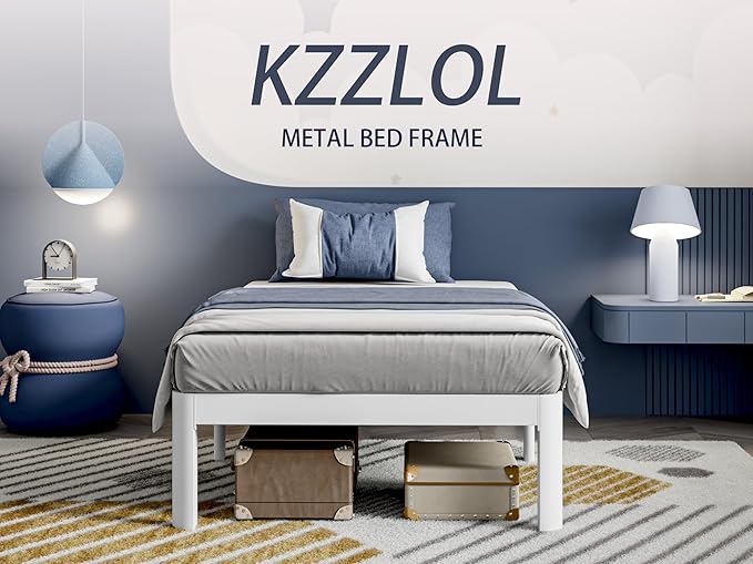 White Twin Size Bed Frames 16 Inch, Metal Platform Twin Bed Frame No Box Spring Needed, Heavy Duty Steel Support 3500 LBS, DIY Headboard, Round Legs, Noiseless, Storage Space, Easy Assembly