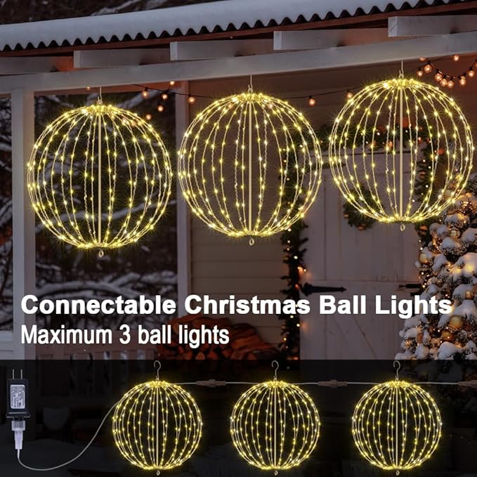 LIGHTSHARE 20IN 200LED Light Ball Yard Decoration Pathway Lights Sphere Light Fold Flat Metal Frame Indoor Outdoor Waterproof Garden Lights, Plug in
