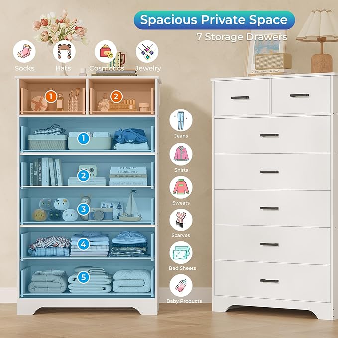 DICTAC White Dresser for Bedroom with 7 Drawers, 55.7" Tall Dressers Chest of Drawers, Modern Large Wood Storage Dresser Organizer with Metal Handle, Vertical Dressers for Bedroom Living Room Nursery