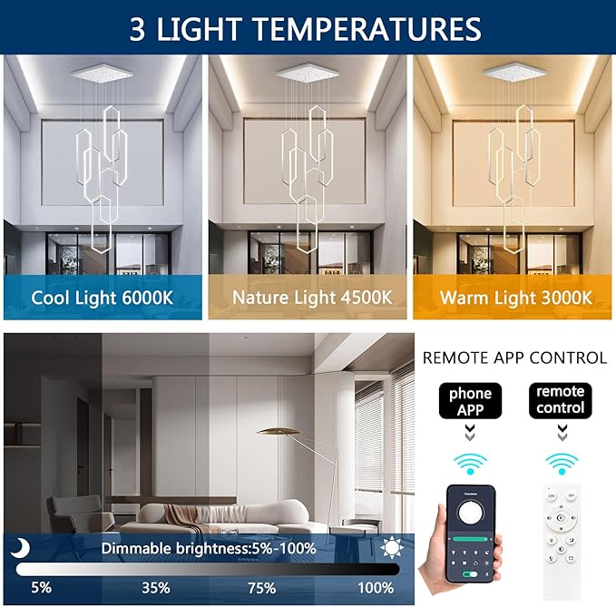 6 Rings Modern Chandelier LED Dimmable Long Large High Ceiling Chandelier