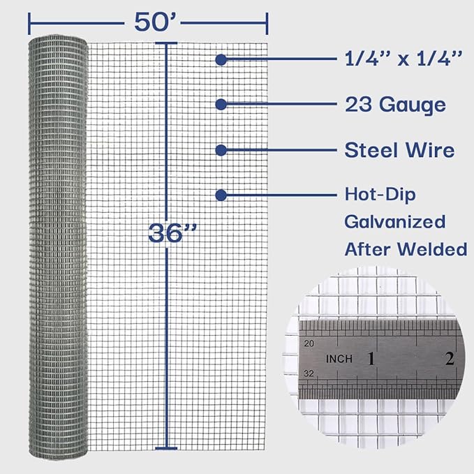 Hardware Cloth 1/4 in. x 3 ft. x 50 ft. 23-Gauge, Wire Mesh Roll, Chicken Wire Fencing, Wire Fence Roll, Gopher Mesh, Rodent Wire, Mesh & Wire Cloth, Chicken Coop Wire, Tree Fence