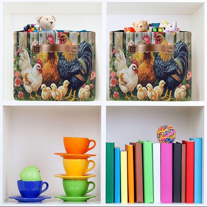 ALAZA Rooster Chicken Hen Garden Farm Foldable Storage Box Storage Basket Canvas Storage Bin with Handle Rectangular Decorative Fabric File Box for Shelf Closet, 2 Pack