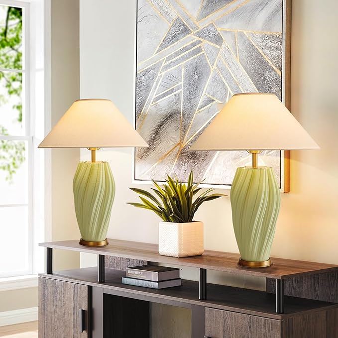 Modern E26 Ceramic Table Lamps 20.5", Sage Green Plug in Table Lamp Funky Decor
