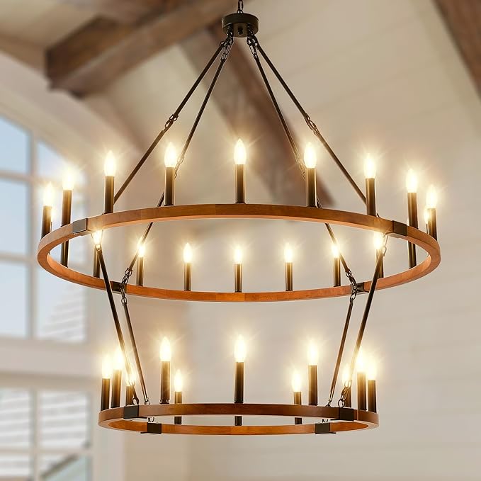HHR 2 Tier 48'' Solid Wood Wagon Wheel Chandelier, 32-Light High Ceiling Island