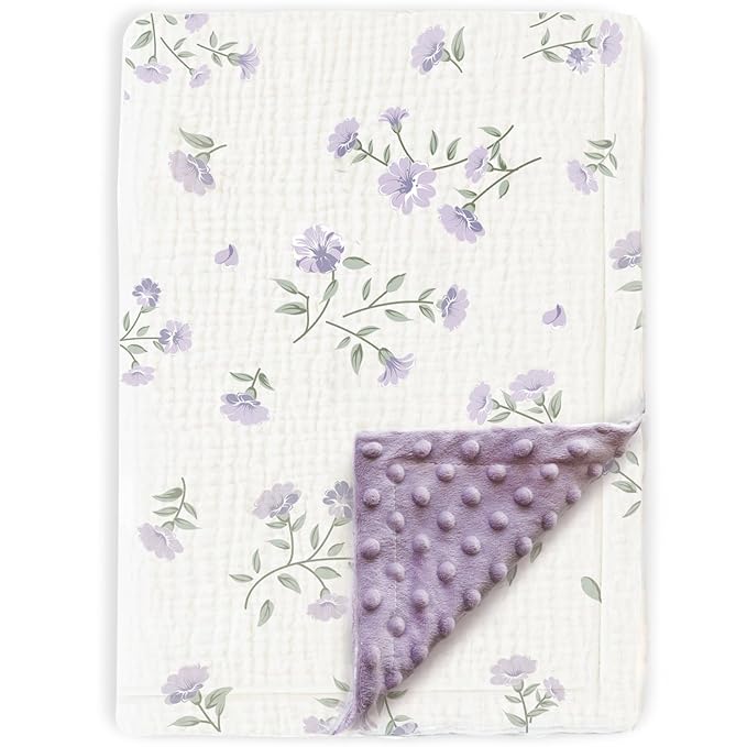 BOPRIO Baby Blankets for Unisex Boys Girls Super Soft Nursery Minky Blankets with Breathable Muslin Cotton Front and 3D Touch Dotted Fleece Backing, Floral Printed Bed Throws Newborn 30 x 40 Inch