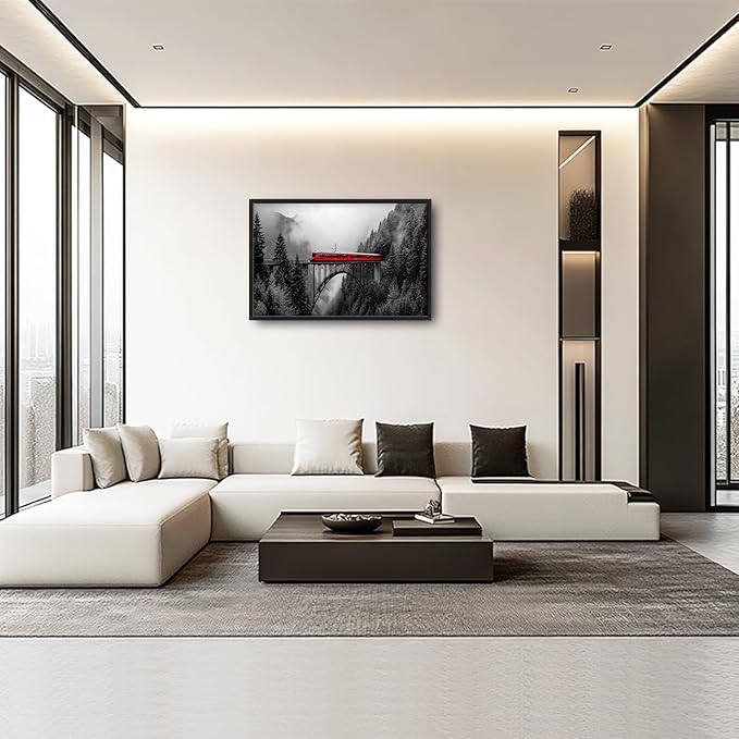 Olivine Train Large Wall Art, Black and White Pictures Wall Decor, Train Painting, Nature Landscape Canvas Prints, Framed Artwork for Dining Room Living Room Bedroom Bathroom Office Home 36"x24"