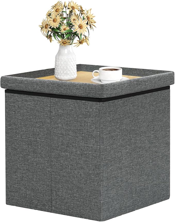 B FSOBEIIALEO Storage Ottoman with Tray, Small Ottomans Cube Folding Coffee Table Foot Stool Footrest Seat, Dark Grey Linen 16"X15.7"x15"