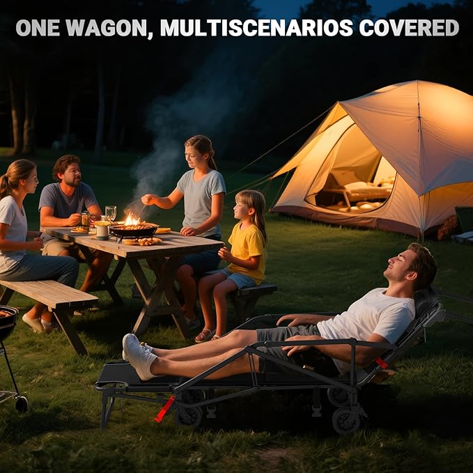 LEVELEVE Heavy Duty Folding Wagon - 2-in-1 Collapsible Cart, 400lb Capacity, All-Terrain Wheels w/Brakes & Side Pockets (Black)