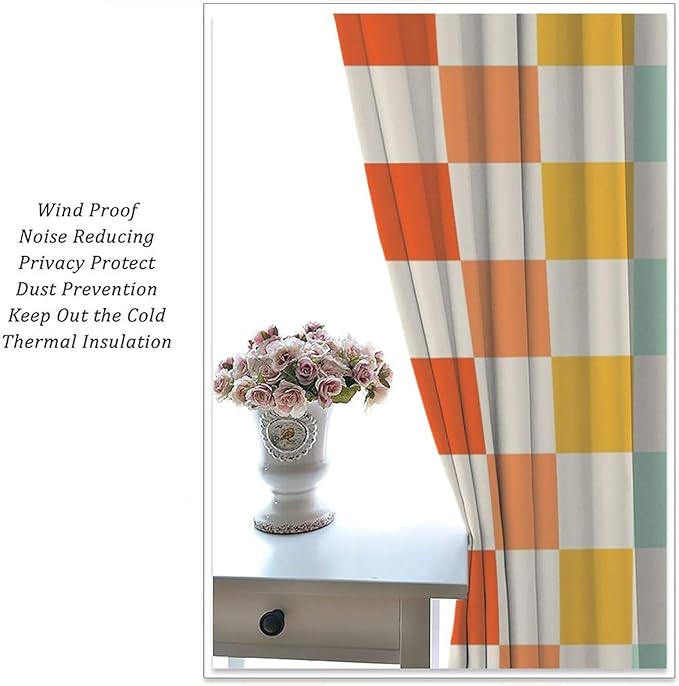 70s Retro Curtains,Cute Green Pink Yellow Checkered Hippie Window Treatments for Kids Girl Bedroom Window 63"" W X 72"" L, Style-7