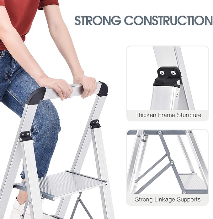 KINGRACK Aluminium 2 Step Ladder, Lightweight Step Stool with Non-Slip Pedals, Handrail, 330LBS Foldable Step Ladder for Kitchen, Garage, Home, Space Saving, Sturdy and Portable, Silver