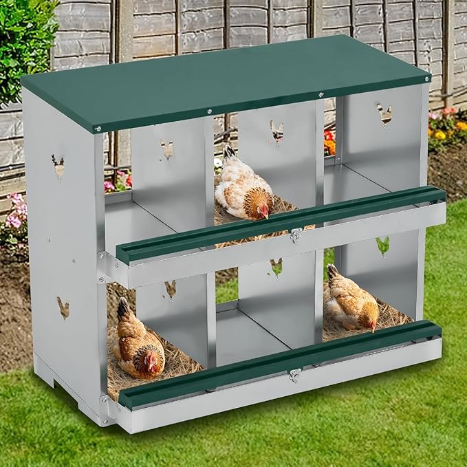 Chicken Nesting Boxes, 4-Hole Nesting Boxes for Chicken Coop with Lid, Metal Laying Boxes for Hens with Swing Perch and Roll Away Egg Collection for Chicken Coop, Double Layer 4 Compartments