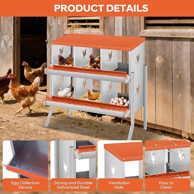 Chicken Nesting Box, 6/8/10 Compartment Metal Nesting Box,Wall Mount Chicken Nesting Boxes for Laying Eggs,Easy Egg Collection,6 Room Nest Boxes for Chickens