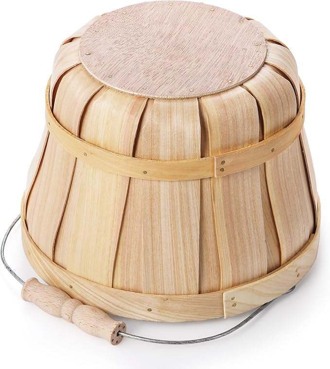 Okllen 2 Pack Round Wooden Baskets with Handle, Empty Wood Fruit Buckets, Easter Basket Fall Harvest Basket for Display Fruits Vegetables, Home Garden and Party Supplies, Natural Color