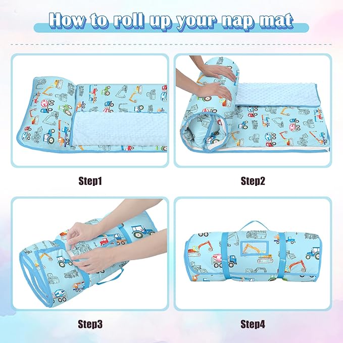 Toddler Nap Mat Kids Sleeping Bag 59"×24", Soft Slumber Bag with Removable Pillow and Blanket for Kids Girls Boys,Roll Up Sleeping Mat Thick for Camping,Daycare, Kindergarden