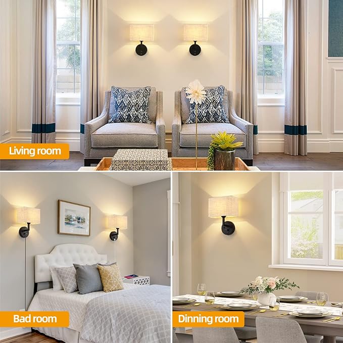 Plug in Wall Sconce with Dimmer Switch and USB Port，9.5“Rectangular Linen