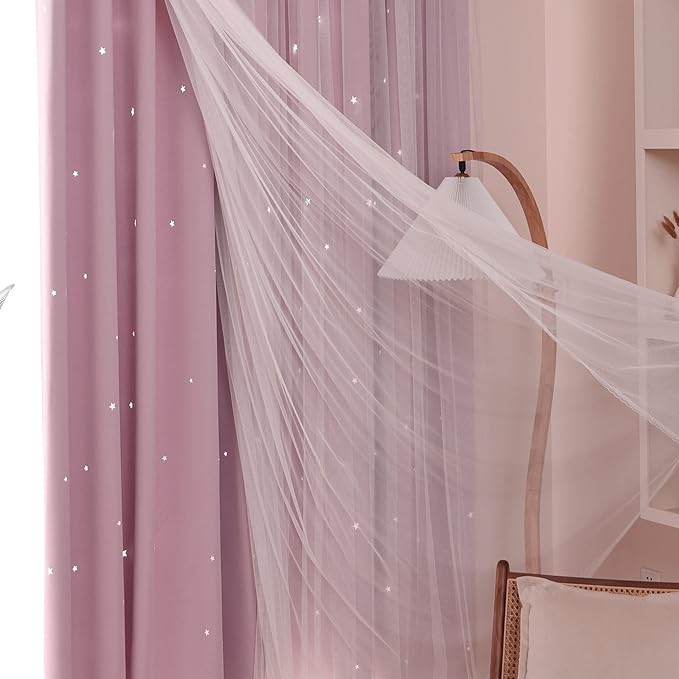 Kinryb Princess Curtains for Girls Bedroom with Sheer Overlay,Double Layer Curtain for Living Room with Star Cutout, Curtains for Kids Room (52 W*84 L Inches,2 Pcs Pink)