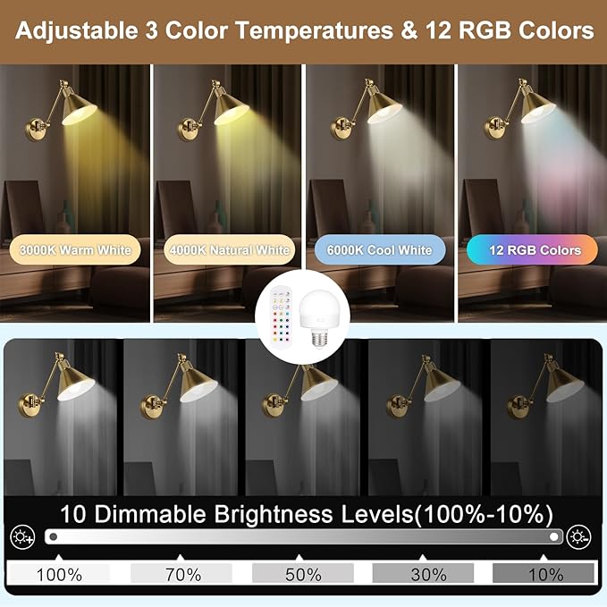 TRLIFE Rechargeable Battery Operated Wall Sconces, Dimmable and Adjustable