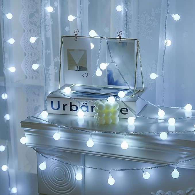 JMEXSUSS 100 LED White String Lights Indoor, Connectable Globe String Lights