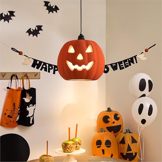 JAYMP Halloween Light Up Pumpkin Pendant Light, Jack O Lantern, Living Dining