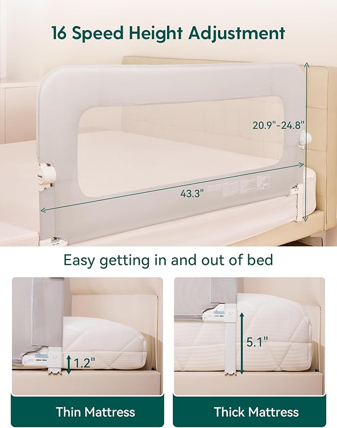 BABELIO Bed Rail for Toddlers, 59" Wide Swing Down & Adjustable Height Toddler Bed Rails for Kids/Elderly/Adults, Baby Side Railing for Twin/Full/Queen/King Size