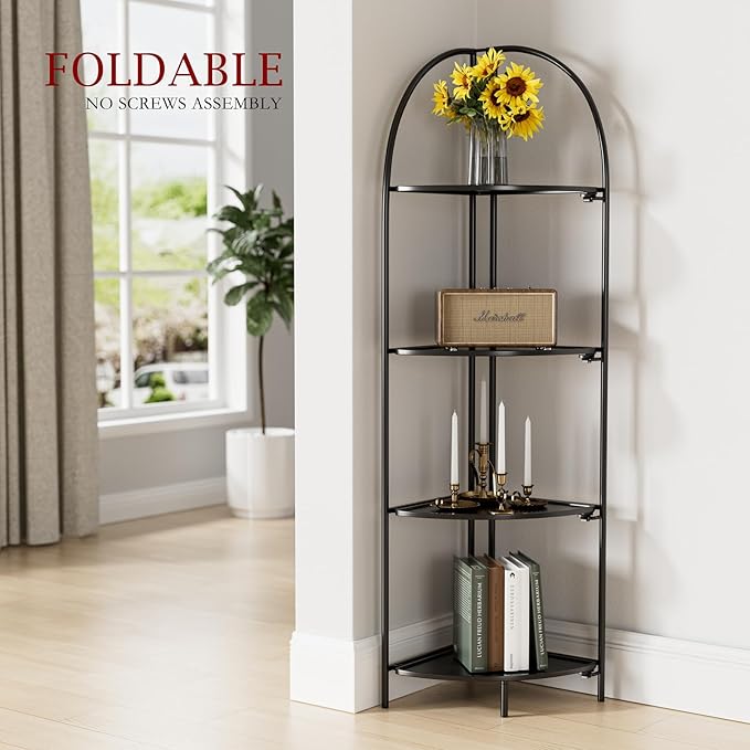 Crofy Foldable 4 Tier Corner Shelf, Metal Corner Plant Stand with Black Frame and Black Shelves, Corner Display Rack Multipurpose Shelving Unit for Living Room, Bedroom, Bathroom