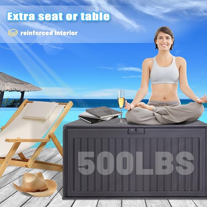 100 Gallon Outdoor Storage Box Waterproof, Resin Deck Box with Dual-Wall for Storing Gardening Tools, Pool Supplies, And More