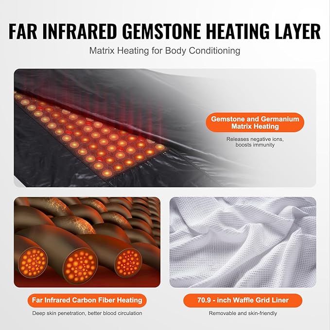 VEVOR Sauna Blanket for Detoxification, Portable Far Infrared Sauna for Home, PU Sauna Bag w/Therapy Stones & Carbon Fiber Heating, 1-6 Level Adjustable Temp 95-185℉, 1-60 Minutes Timer, 75 x 35in