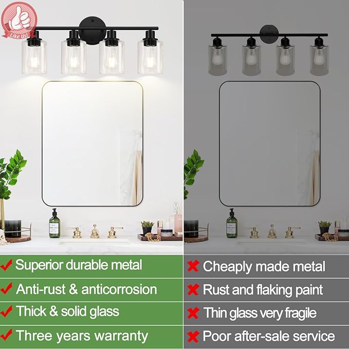 4-Light Bathroom Light Fixtures, Matte Black Modern Vanity Lights Over Mirror