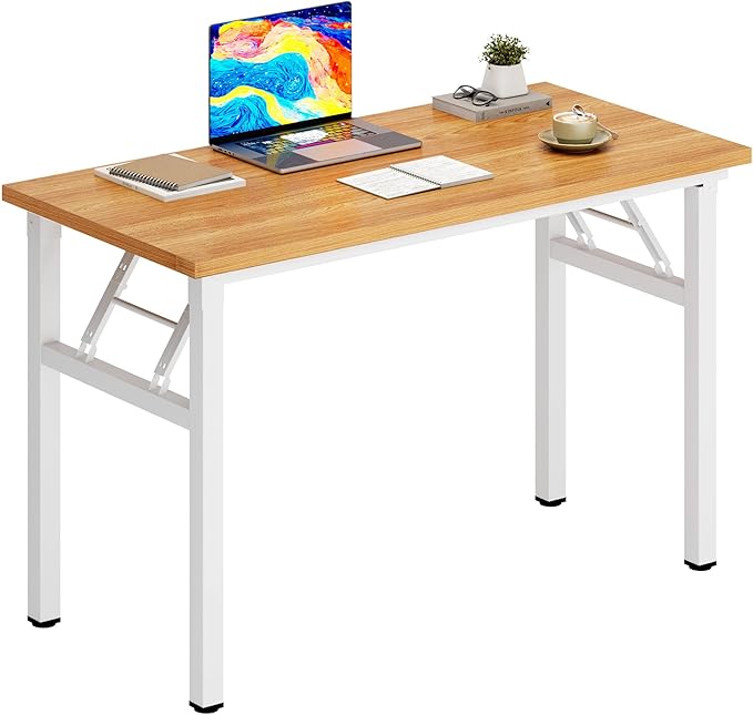 DlandHome Folding Desk - 31.5 Inch Small Computer Desk for Home Office - Folding Table Writing Table for Small Spaces - No Assembly Required - Teak & White Frame