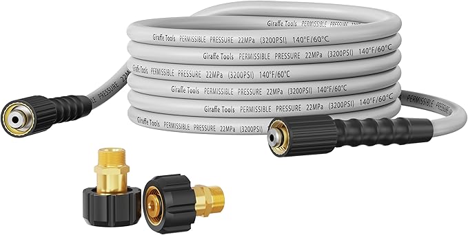 Giraffe Tools Pressure Washer Hose 25FT, 3200 PSI 1/4” M22-14 mm Fitting Power Washer Hose, Kink Resistant High Pressure Washing Hose Extension with Two M22 15mm Female to M22 14mm Male Adapter Sets