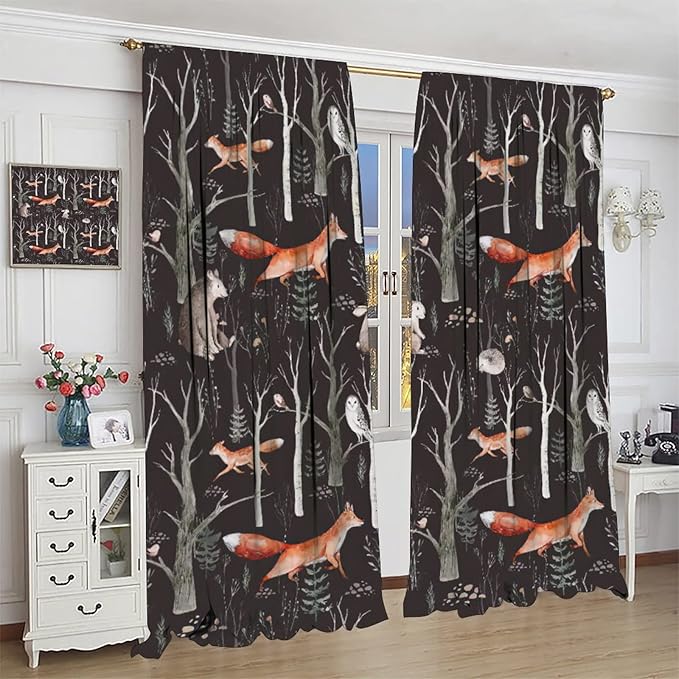 Rustic Forest Curtain, Woodland Country Hunting Animal Deer Fox Wildlife Bear Farmhouse Lodge Cabin Blackout Rod Pocket Windows Door Curtain for Bedroom Living Room Home Decor 42x63in