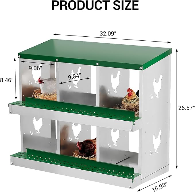 6-Compartment Metal Chicken Nesting Box - with Perch, Secure Lid & Metal Legs, Wall-Mount or Free-Standing Nesting Boxes for Hens