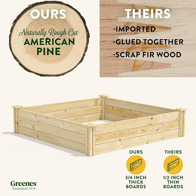 Greenes Fence Original Pine Raised Garden Bed, 4' x 4' x 10.5" - Made in USA with American Pine