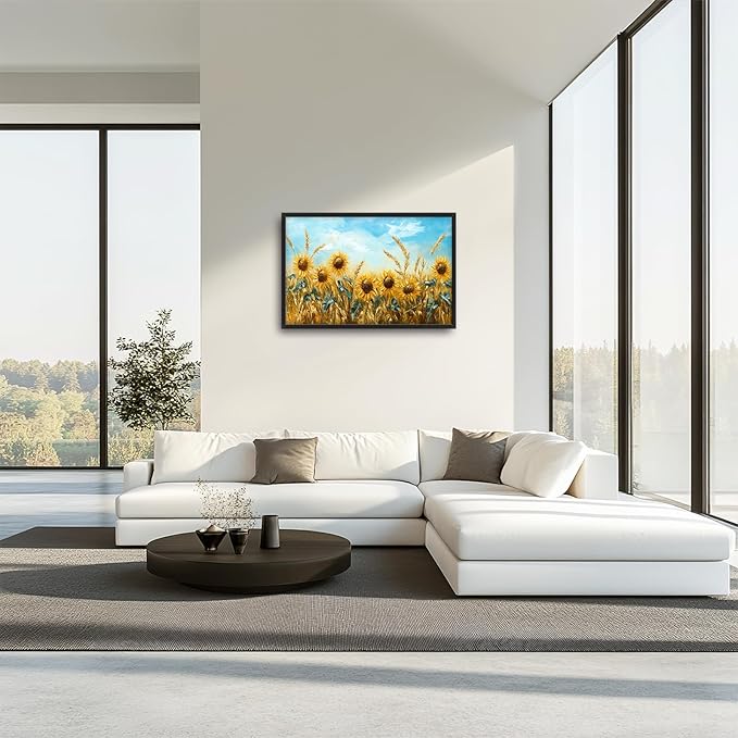Olivine Large Wall Art, Sunflower Pictures Wall Decor, Sunflower Wheat Painting, Nature Landscape Canvas Prints, Framed Artwork for Living Room Bedroom Bathroom Office Home Decoration 36"x24"