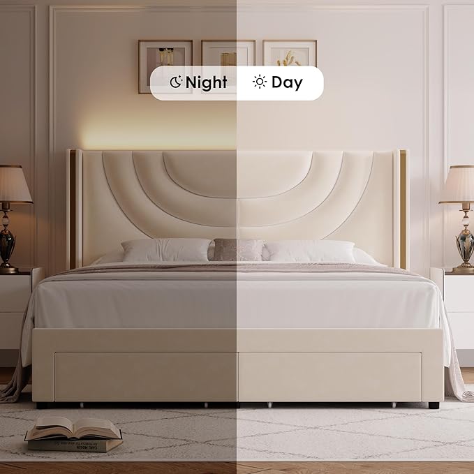 HITHOS Queen Upholstered LED Bed Frame with 2 Storage Drawers, Velvet Platform Bed with Wingback Headboard, Solid Wooden Slats Support, No Box Spring Needed, Headboard Splicing Design, Beige