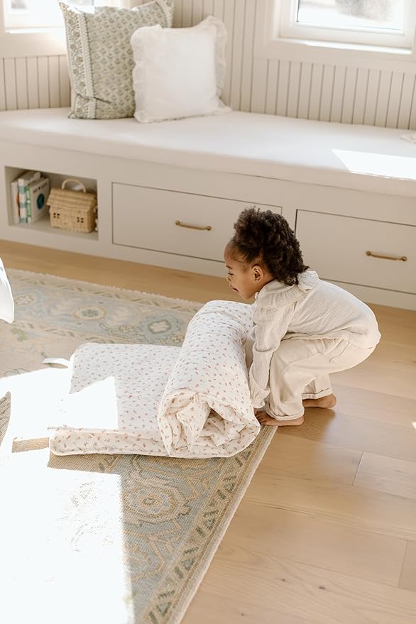 Organic Toddler Nap Mat – 100% Cotton Kids Washable Sleeping Mat & Detachable Pillow – Sleeping Bag with Soft 1.5” Pad – Ideal Nap Mat for Daycare, Preschool, & Sleepovers