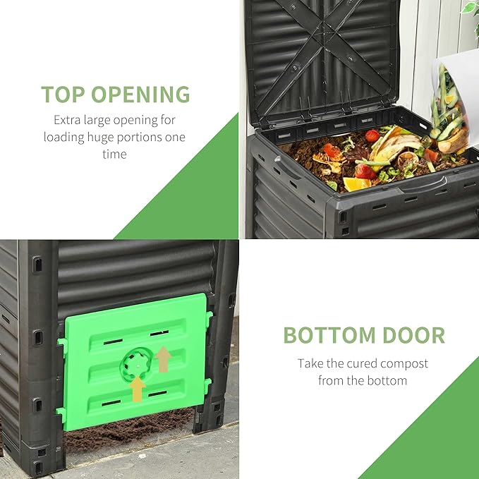 Compost Bin Outdoor 120 Gallon (450L) Garden Composter, BPA Free, with 80 Vents and 2 Sliding Doors, Lightweight Outdoor Compost Box for Garden, Kitchen, and Yard Waste, Black