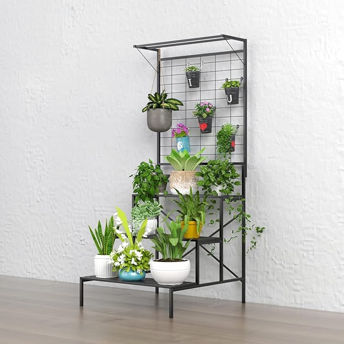 Zhongma 3 Tier Large Heavy Duty Plant Stand with Hanging Plant pot shelf, 35.43 x 33.27 x 78.74, Tall multi layer Plant Holder for Home, Garden, Each Tier: 35.43 L x 10.5W, Easy to Hold Large Plant