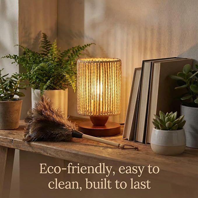Small Rattan Table Lamp for Bedroom, Boho Bedside Lamp