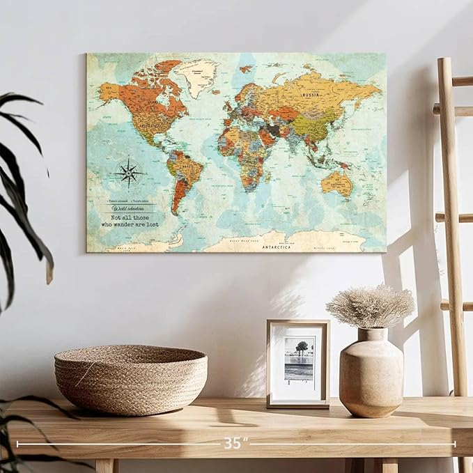 ElephantStock - Personalized Wanderer Push Pin World Map Wall Art - Horizontal Canvas Wall Art - Living Room Wall Decor - Digital Art Map Canvas Art - Orange And Blue Decor - 24" x 16"