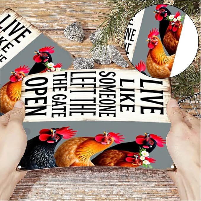 Chiken Gifts Vintage Chicken Decor Sign Live Like Someone Left The Gate Open Tin Sign for Home Chicken Coop Farm Fence Kitchen Bathroom Bedroom Wall Decor 8x12 Inches
