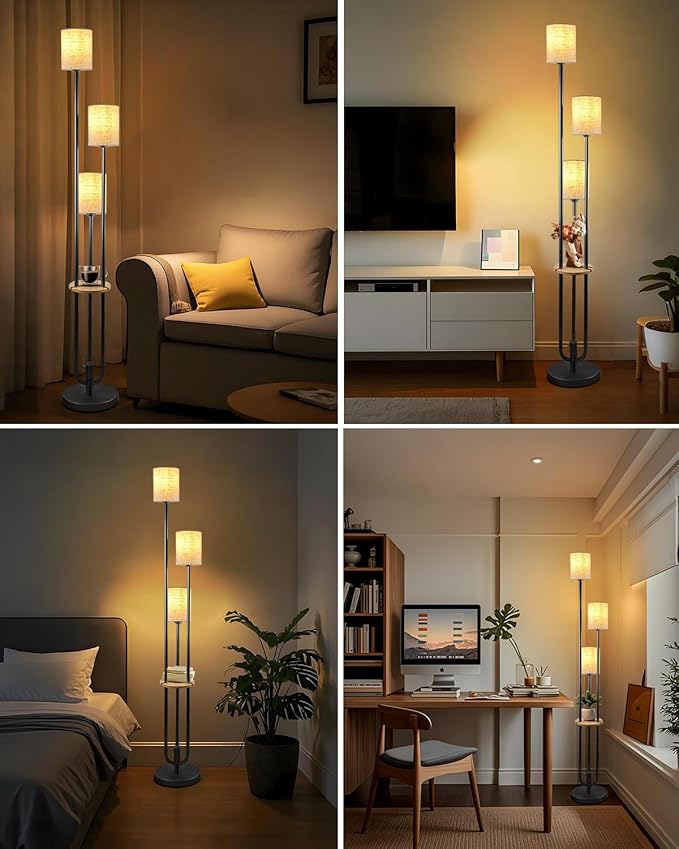 63IN Dimmable Floor Lamp with Shelf, Unique Black Tall Standing Lamps with Table