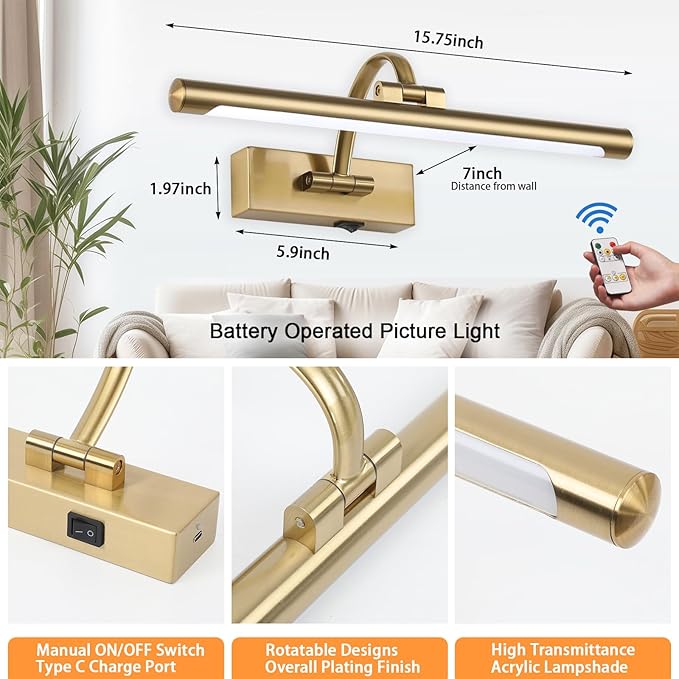 Wireless Picture Lights for Wall Rechargeable, Battery Operated Art Light for