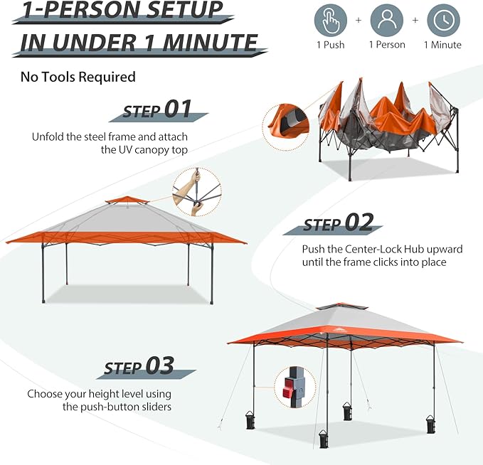 EAGLE PEAK 13x13 Straight Leg Pop Up Canopy Tent Instant Outdoor Canopy Easy Single Person Set up Folding Shelter w/Auto Extending Eaves 169 Square Feet of Shade (Orange)
